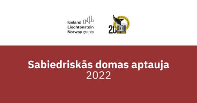 Sarkans un balts krāsu laukums ar tekstu "Sabiedriskās domas aptauja" un EEZ grantu un KNAB logo