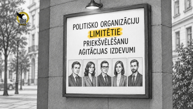 Melnbalts attēls, kuram pa vidu izvietots plakāts uz ēkas sienas, un KNAB logo kreisajā augšējā stūrī. Plakāta virsraksts: “Politisko organizāciju limitētie priekšvēlēšanu aģitācijas izdevumi”, izcelts vārds “limitētie”. Zem virsraksta attēloti pieci dažādi personu portreti.