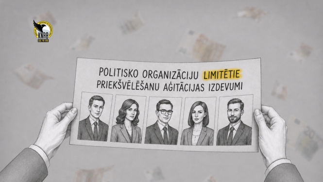 Attēlā redzamas rokas, kas tur papīra lapu ar piecu cilvēku portretiem un uzrakstu “Politisko organizāciju limitētie priekšvēlēšanu aģitācijas izdevumi”. Vārds “limitētie” izcelts dzeltenā krāsā. Fonā redzamas izplūdušas eiro banknotes, bet attēla augšējā kreisajā stūrī – KNAB logo.