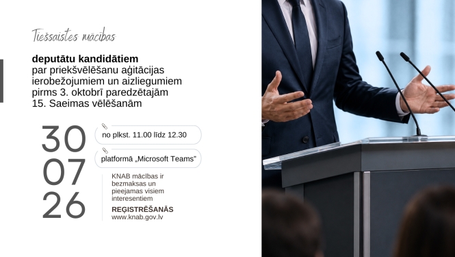 Attēlā redzams aicinājums deputātu kandidātiem 30. jūlijā plkst. 11.00 piedalīties tiešsaistes mācībās par priekšvēlēšanu aģitācijas jautājumiem