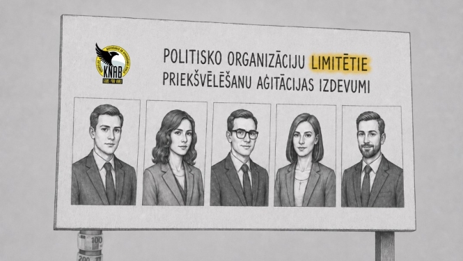 Attēlā redzams reklāmas plakāts, uz kura attēloti piecu personu portreti, teksts "POLITISKO ORGANIZĀCIJU LIMITĒTIE PRIEKŠVĒLĒŠANU AĢITĀCIJAS IZDEVUMI" un KNAB logo. 