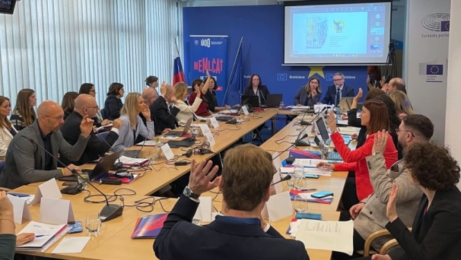 Attēlā redzama konferenču telpa, kurā notiek Eiropas Trauksmes celšanas un integritātes institūciju tīkla (NEIWA) sanāksme. Atsevišķi sanāksmes dalībnieki ir pacēluši rokas.