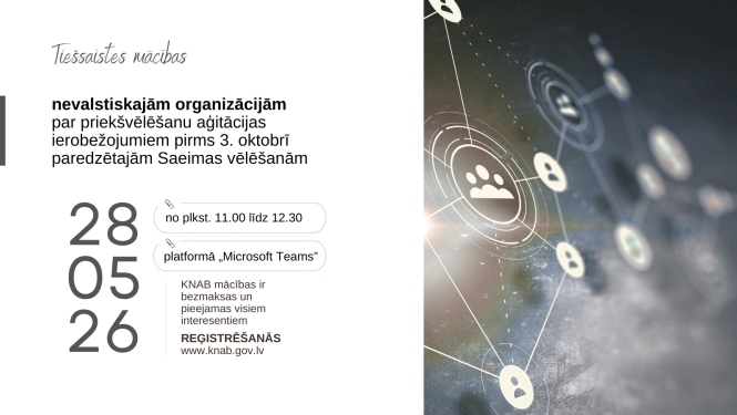 Attēlā redzams teksts "KNAB tiešsaistes mācības nevalstiskajām organizācijām par priekšvēlēšanu aģitācijas ierobežojumiem pirms 3. oktobrī paredzētajām Saeimas vēlēšanām." Zem tā norādīts datums 28.05.26, laiks no plkst. 11.00 līdz 12.30 un tas, ka mācības notiks platformā “Microsoft Teams”. Attēlā arī redzams, ka mācības ir bezmaksas un pieejamas visiem interesentiem, kā arī norādīta reģistrācijas vietne www.knab.gov.lv. Attēla labajā pusē redzama ilustrācija ar savienotām lietotāju ikonām digitālā tīklā.