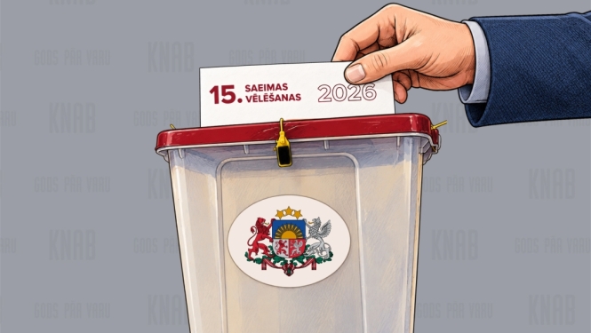 Attēlā redzams KNAB logo, vēlēšanu kaste un personas roka, kas tur vēlēšanu aploksni. 