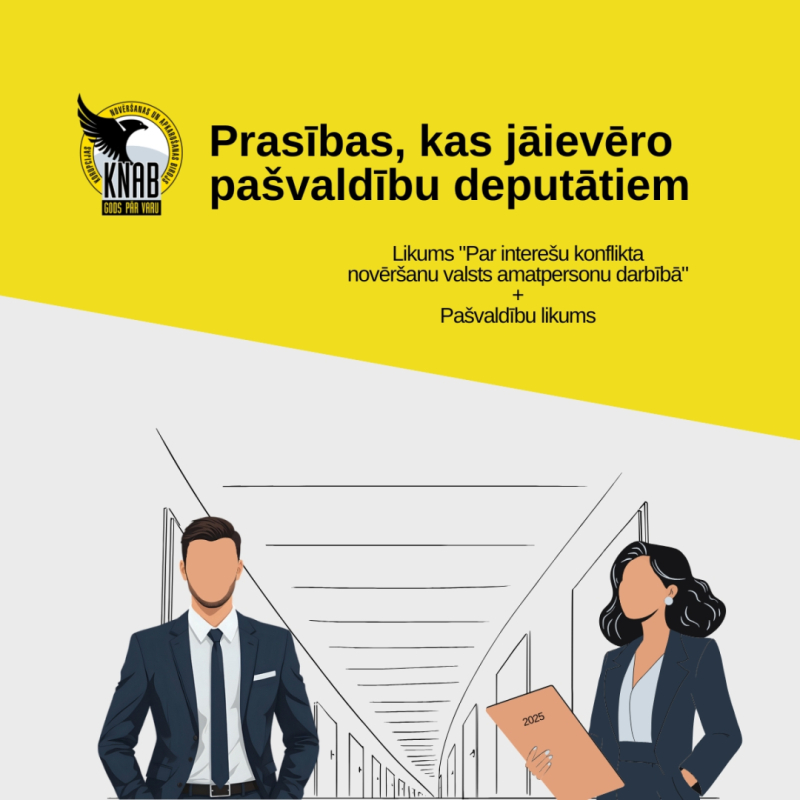 Attēlā redzami vīrieša un sievietes silueti, kā arī virsraksts "Prasības, kas jāievēro pašvaldību deputātiem""