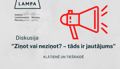 Sarkans rupors, sarunu festivāla "LAMPA" un EEZ grantu logo, kā arī diskusijas "Ziņot vai neziņot? - tāds ir jautājums" nosaukums