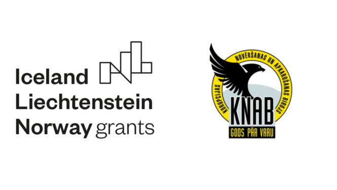Eiropas Ekonomikas zonas grantu logo (uz balta fona ar melniem burtiem "Iceland Liechtenstein Norway grants" ar dažādu formu figūrām. Pa labi KNAB logo - melns ērglis, kam apkārt dzeltens riņķis, kurā ar melniem burtiem rakstīts "Korupcijas novēršanas un apkarošanas birojs", zem ērgļa melniem burtiem "KNAB" un iestādes devīze "Gods pār varu"