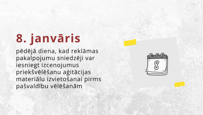 Vizuāls attēls ar pelēcīgu fonu. Ar sarkaniem burtiem "8. janvāris", zemāk - informācija, ka tā ir pēdējā diena, kad reklāmas pakalpojumu sniedzēji var iesniegt izcenojumus, lai pirms vēlēšanām izvietotu priekšvēlēšanu aģitācijas materiālus.