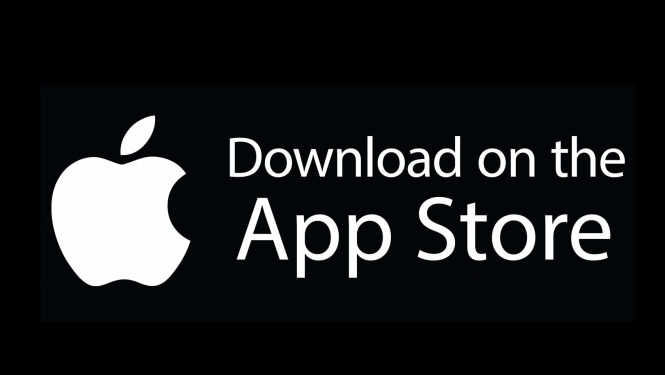 Melns attēls, balts Apple logo, balti burti "Download on the App Store"