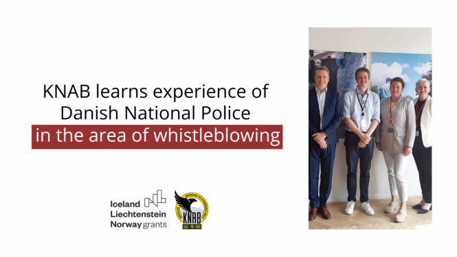Text "KNAB learns experience of Danish National Police in the area of whistleblowing". Under the text, logo of EEA grants and KNAB are placed. On the right, there is a photo with two men and two women from both Danish National Police and KNAB