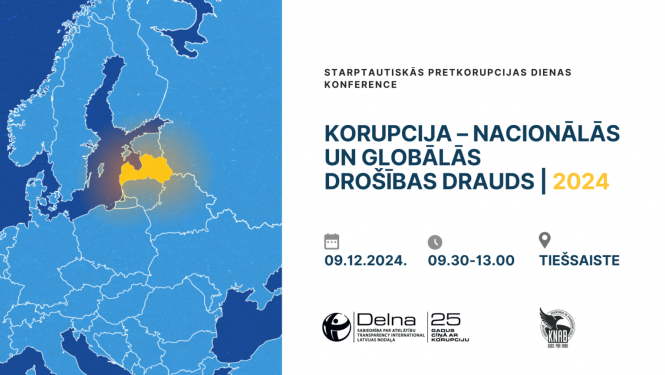 Attēls divās daļās: pa kreisi zilā krāsā Eiropas karte ar dzeltenā krāsā iekrāsotu Latviju. Pa labi - konferences nosaukums, vieta un laiks
