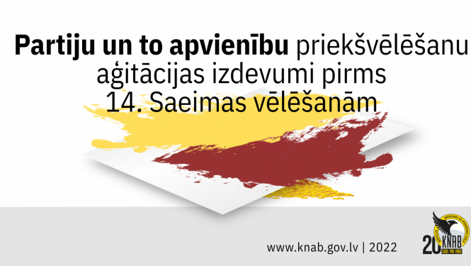 Vizuāls attēls ar tekstu "Partiju un to apvienību priekšvēlēšanu aģitācijas izdevumi pirms 14. Saeimas vēlēšanām"