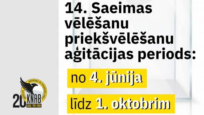 Attēlā redzams teksts, ka priekšvēlēšanu aģitācijas periods pirms 14. Saeimas vēlēšanām sākas 4. jūnijā un ilgs līdz pašai vēlēšanu dienai – 1. oktobrim.