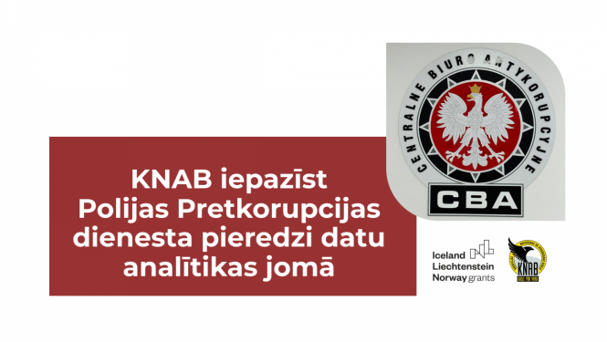 Balts teksts uz sarkana forna "KNAB iepazīst Polijas Pretkorupcijas dienesta pieredzi datu analītikas jomā". Pa labi Polijas Pretkorupcijas dienesta logo, zem tā - Eiropas Ekonomikas zonas un KNAB logo.