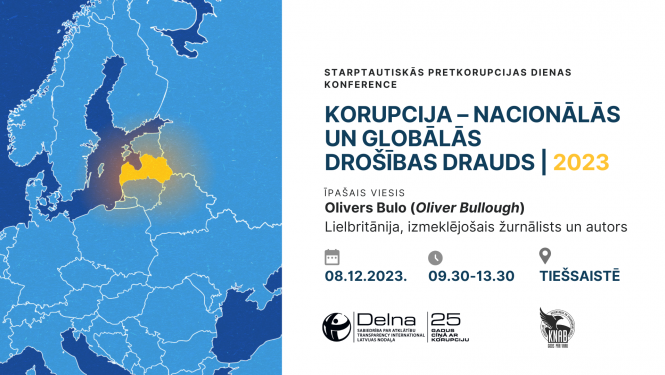 Vizuāls konferences attēls. Pa kreisi attēls ar Eiropas karti, kas iekrāsota zilā krāsā, dzeltenā krāsā izceļot Latviju. Pa labi - konferences nosaukums, norises laiks un vieta. 