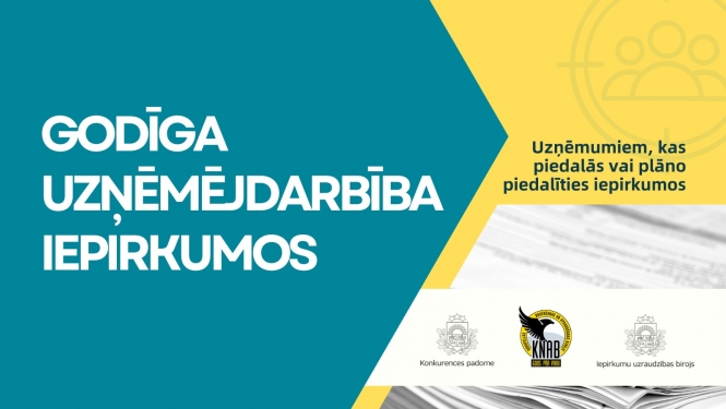 Dažādi krāsu laukumi, liels teksts "GODĪGA UZŅĒMĒJDARBĪBA IEPIRKUMOS". KNAB, Konkurences padomes un Iepirkumu uzraudzības biroja logo