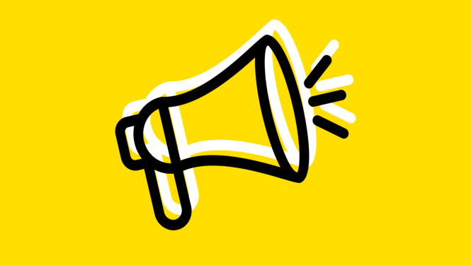 Dzeltens fons, uz kura ir balta un melna megafona ilustrācija