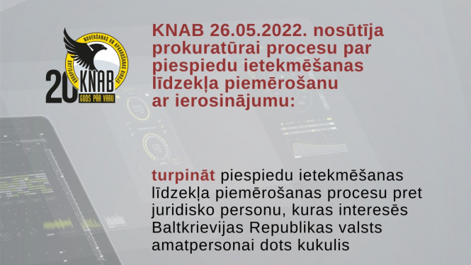 Attēlā atspoguļots teksts, ka 26. maijā, Korupcijas novēršanas un apkarošanas birojs (KNAB) rosināja Noziedzīgu nodarījumu valsts institūciju dienestā izmeklēšanas prokuratūrai turpināt pirmstiesas izmeklēšanas laikā uzsākto piespiedu ietekmēšanas līdzekļa piemērošanas procesu pret vienu juridisko personu, kuras interesēs īstenota kukuļdošana Baltkrievijas Republikas valsts amatpersonai. 