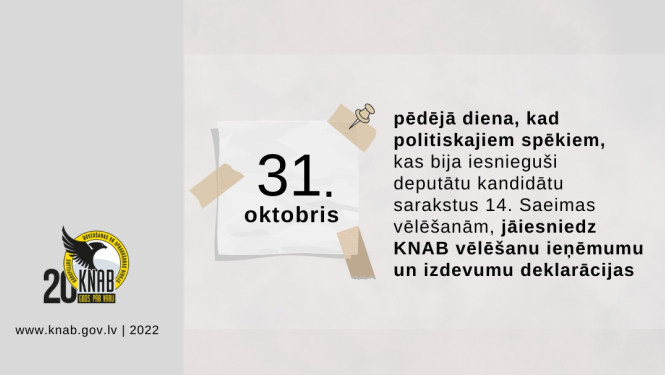 Vizuālais materiāls ar tekstu, ka 31. oktobrī ir pēdējā diena, kad politiskās partijas var iesniegt KNAB vēlēšanu ieņēmumu un izdevumu deklarācijas