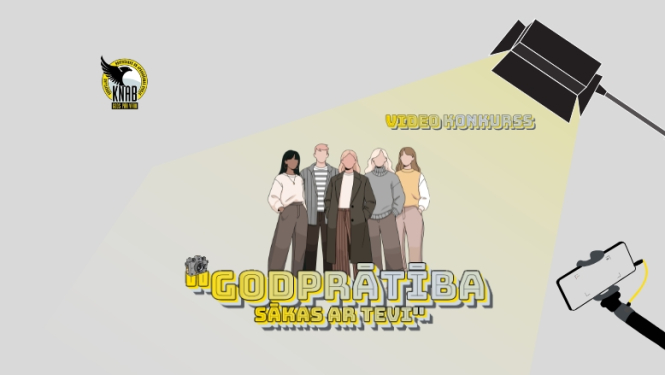 Ilustrēts vizuālis ar pieciem jauniešiem, kas stāv kopā, fonā redzama lampas gaisma. Augšpusē teksts “Video konkurss”, bet centrā lieliem burtiem izcelts sauklis “Godprātība sākas ar tevi!”. Vizuāļa kreisās puses augšējā daļā redzams KNAB logo.