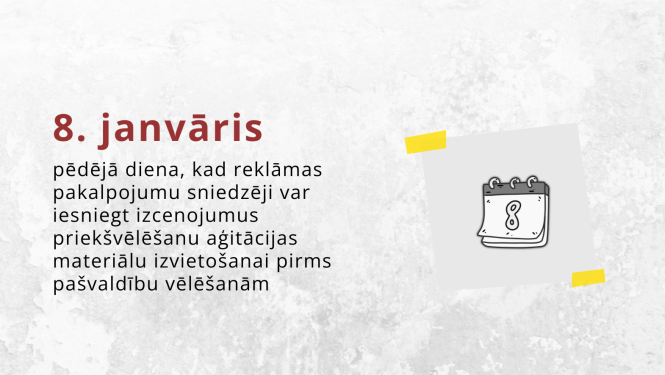 Vizuāls attēls ar pelēcīgu fonu. Ar sarkaniem burtiem "8. janvāris", zemāk - informācija, ka tā ir pēdējā diena, kad reklāmas pakalpojumu sniedzēji var iesniegt izcenojumus, lai pirms vēlēšanām izvietotu priekšvēlēšanu aģitācijas materiālus.