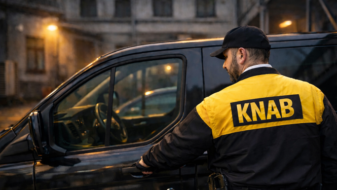KNAB darbinieks dzelteni melnā jakā ar uzrakstu “KNAB” atver melnas automašīnas durvis pilsētas ielā krēslas laikā; fonā redzamas ēkas un ielas apgaismojums.