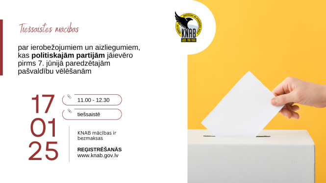 Attēls divās daļās. Pa labi - dzeltens fons un vēlēšanu urna, kurā met tukšu aploksni. Pa kreisi informatīvs teksts, ka 17. janvārī no plkst. 11.00 līdz 12.30 notiks tiešsaistes mācības politiskajām partijām par priekšvēlēšanu aģitācijas ierobežojumiem