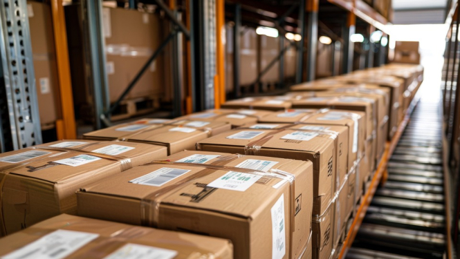 Attēlā redzama ražošanas telpa ar safasētām kastēm