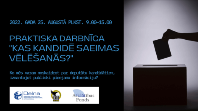Attēlā redzama informācija par to, ka š.g. 25. augustā KNAB sadarbībā ar Delna aicina interesentus piedalīties praktiskā tiešsaistes darbnīcā "Kas kandidē Saeimas vēlēšanās".