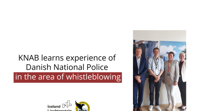 Text "KNAB learns experience of Danish National Police in the area of whistleblowing". Under the text, logo of EEA grants and KNAB are placed. On the right, there is a photo with two men and two women from both Danish National Police and KNAB