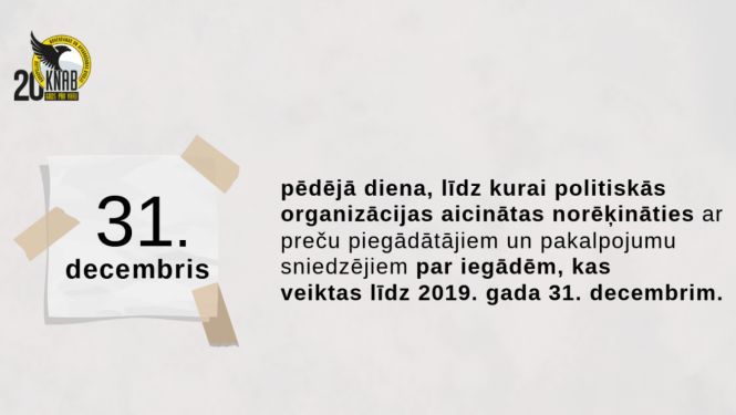 KNAB logo, kalendāra lapiņa, kurā rakstīts "31. decembris", blakus tai teksts - pēdējā diena, līdz kurai politiskās organizācijas aicinātas norēķināties ar preču piedāgātājiem un pakalpojumu sniedzējiem par iegādēm, kas veiktas līdz 2019. gada 31. decembrim