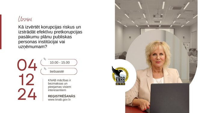 Attēlā redzama informācija par to, ka KNAB 4. decembrī rīko mācībās par korupcijas risku izvērtēšanu un pretkorupcijas pasākumu plāna izstrādi