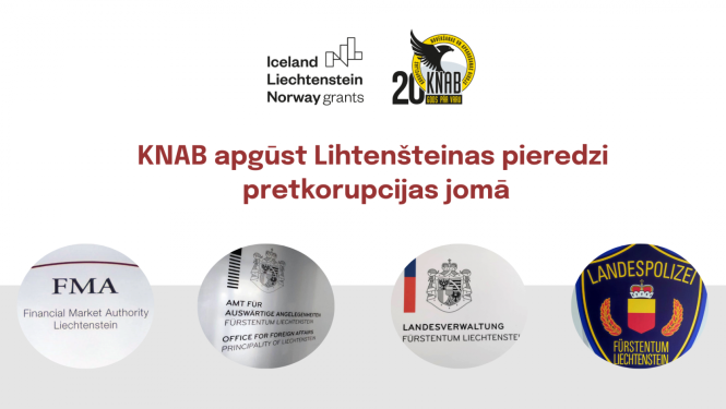 Vizuāls attēls, kurā ir EEZ grantu un KNAB logo, četru Lihtenšteinas institūciju logo, kā arī teksts, ka KNAB apgūst Lihtenšteinas pieredzi pretkorupcijas jomā