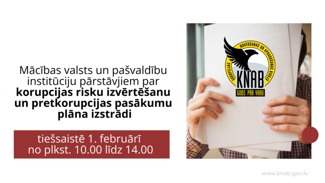 Pa labi attēls, kur cilvēks tur rokās baltas lapas, uz tām virsū KNAB logo. Pa kreisi uzraksts par mācību iespējām un mācību norises laiku.