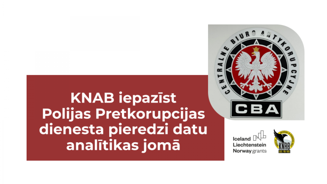 Balts teksts uz sarkana forna "KNAB iepazīst Polijas Pretkorupcijas dienesta pieredzi datu analītikas jomā". Pa labi Polijas Pretkorupcijas dienesta logo, zem tā - Eiropas Ekonomikas zonas un KNAB logo.
