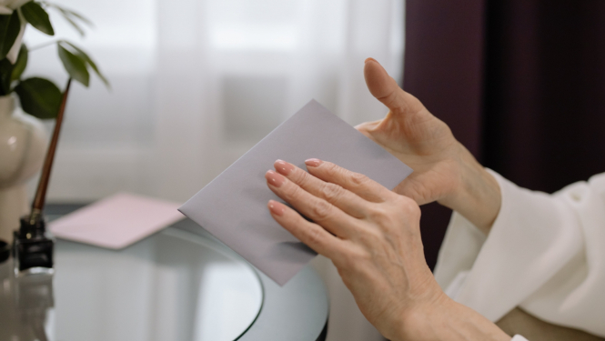 Sievietes rokas, kurās ir gaiša aploksne