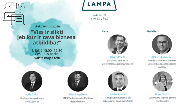 Attēlā redzams to dalībnieku saraksts, kas 1. jūlijā kopā ar KNAB priekšnieku piedalīsies LAMPA diskusijā