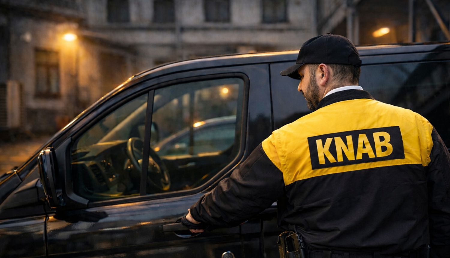KNAB darbinieks dzelteni melnā jakā ar uzrakstu “KNAB” atver melnas automašīnas durvis pilsētas ielā krēslas laikā; fonā redzamas ēkas un ielas apgaismojums.