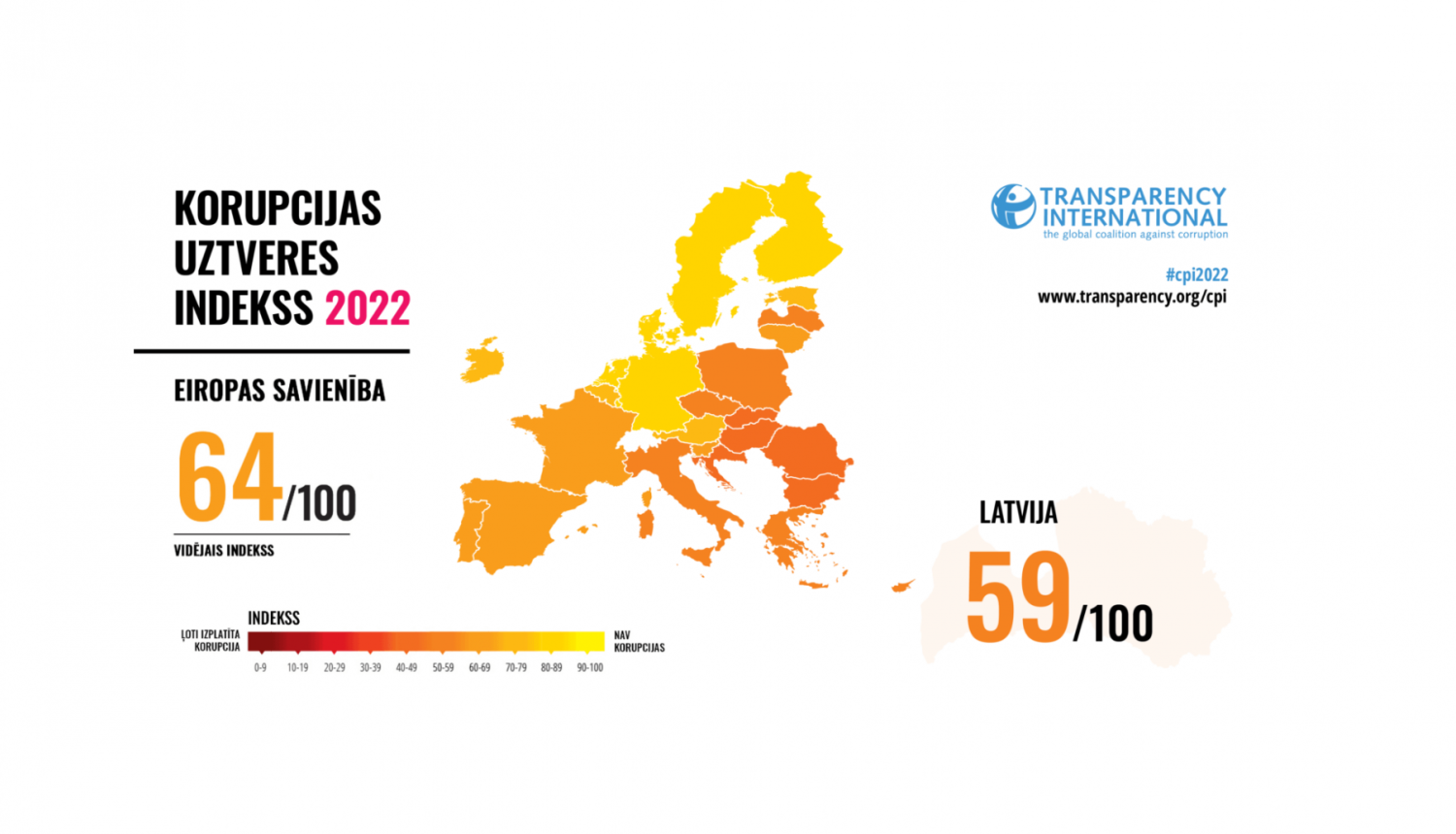 Eiropas Savienības karte, kurā valstis iekrāsotas dažādās krāsās atbilstoši Korupcijas uztveres indeksa vērtējumam. Latvijai ir 59 no 100 punktiem.