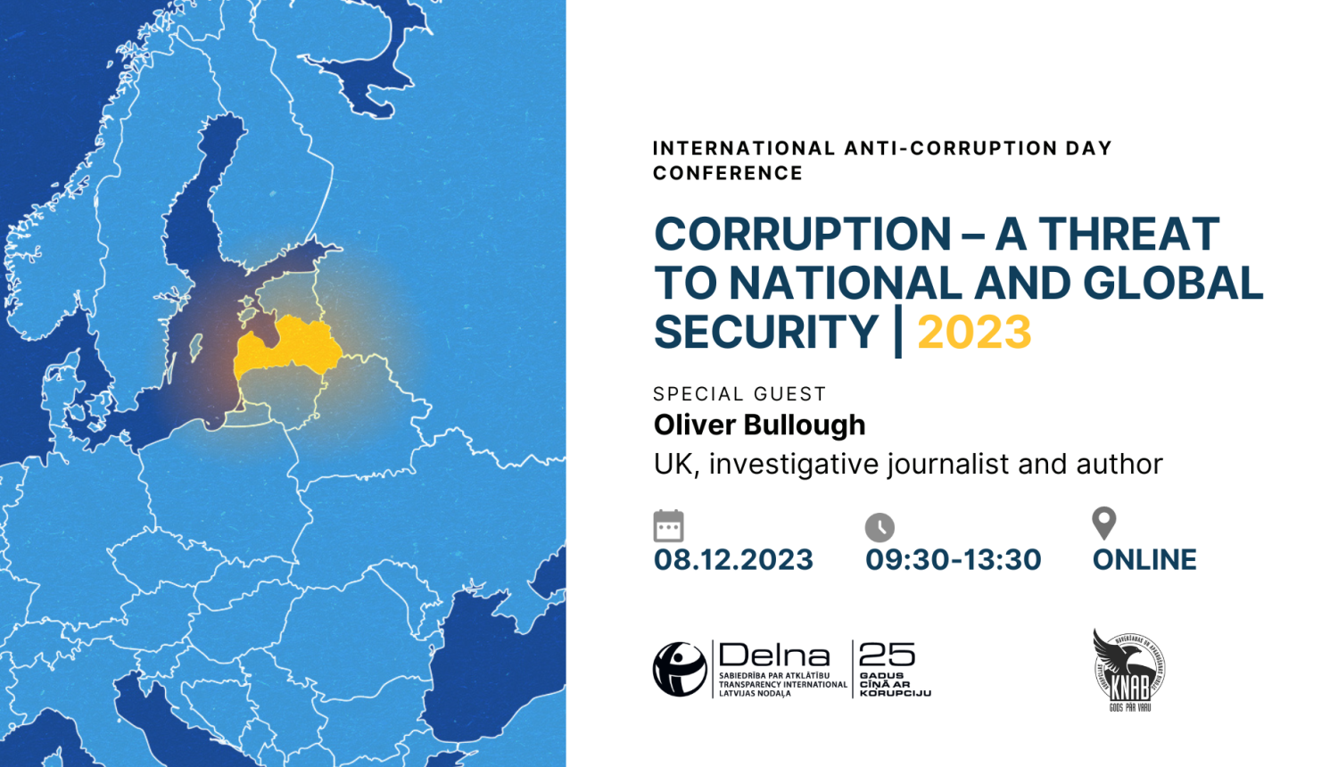 Invitation poster to the conference. On the right, there is a blue map of Europe, Latvia is highlighted in yellow. On the left, there is written text about the title, venue and time of the conference.