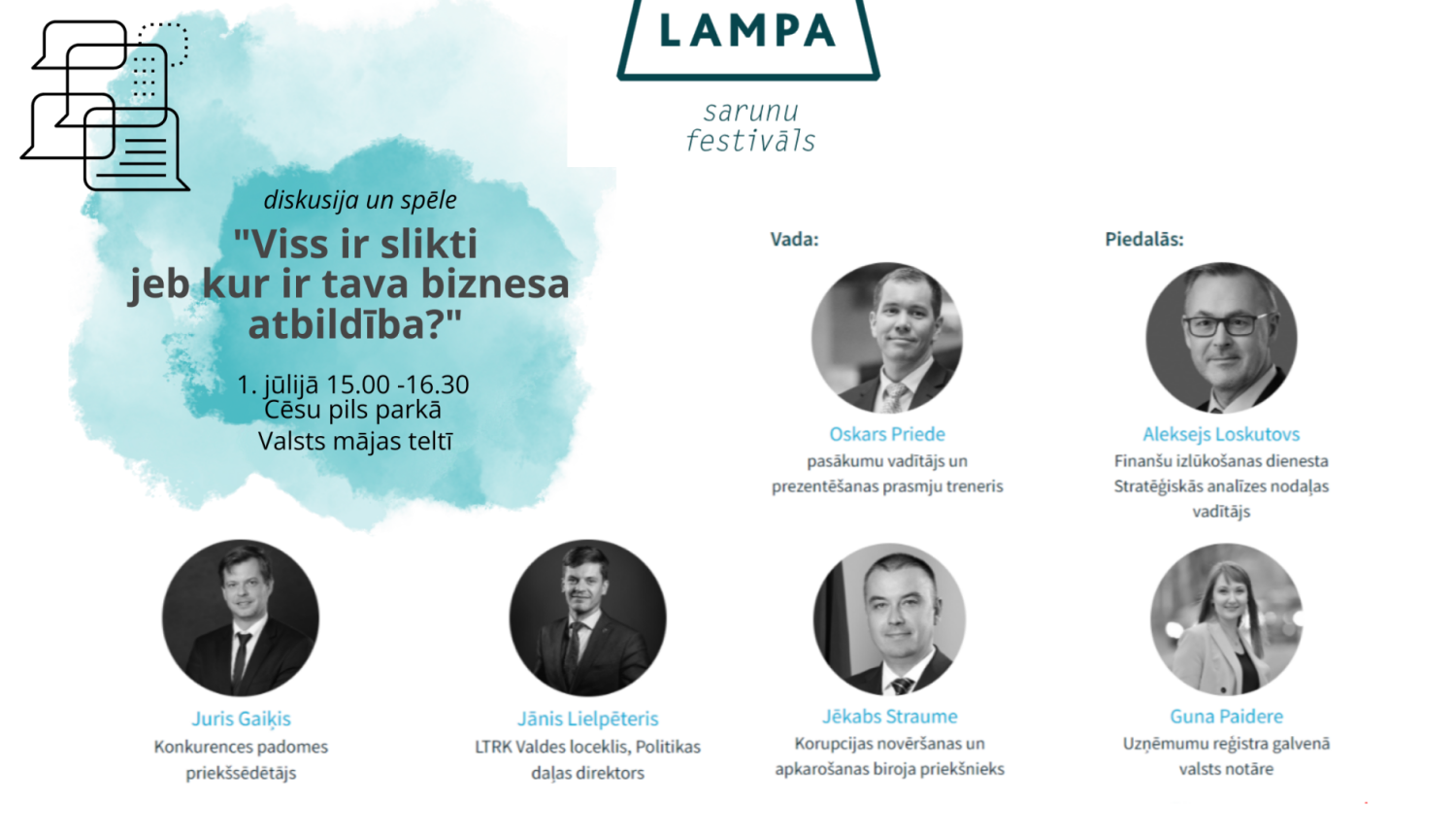 Attēlā redzams to dalībnieku saraksts, kas 1. jūlijā kopā ar KNAB priekšnieku piedalīsies LAMPA diskusijā