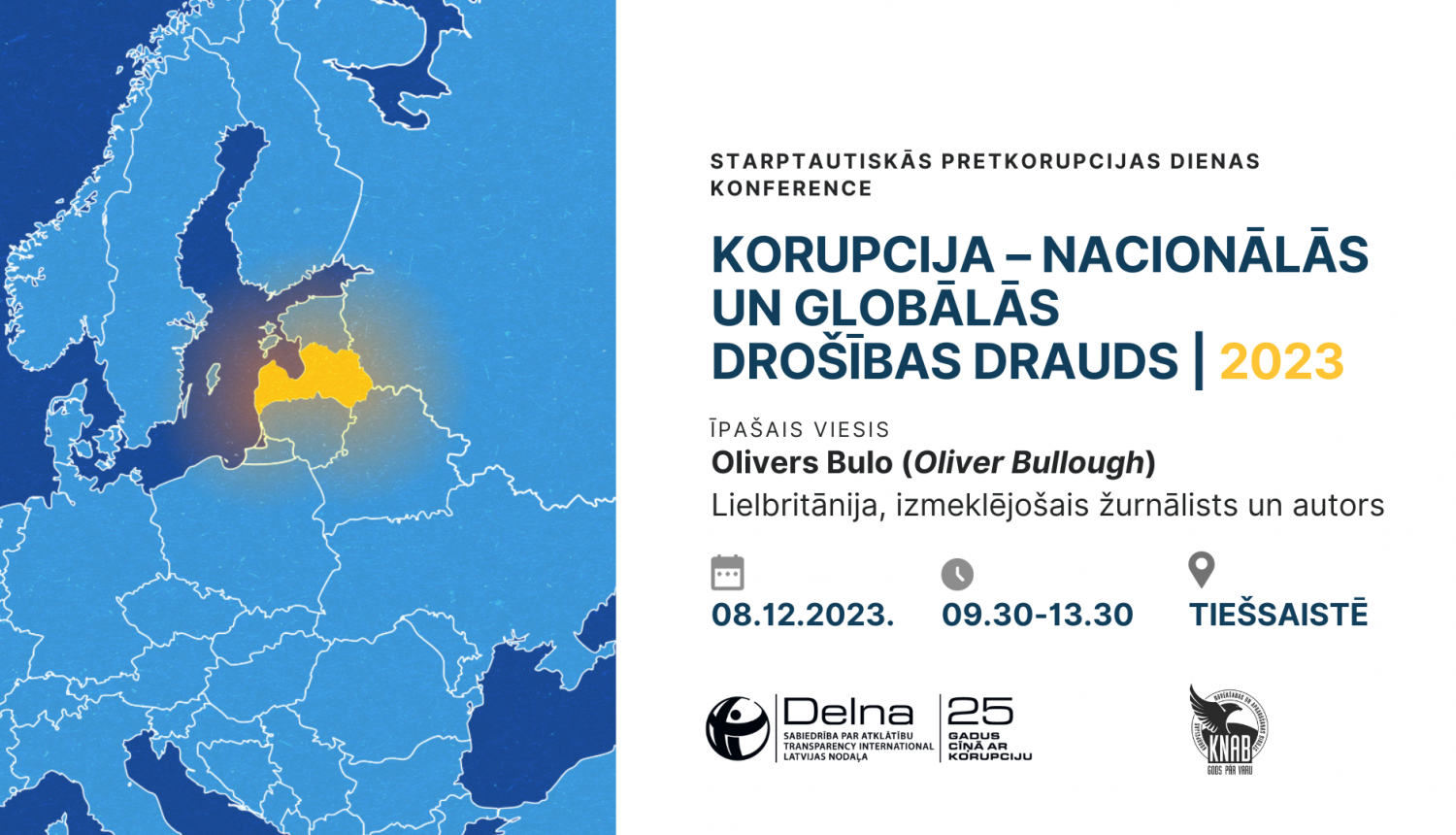 Vizuāls konferences attēls. Pa kreisi attēls ar Eiropas karti, kas iekrāsota zilā krāsā, dzeltenā krāsā izceļot Latviju. Pa labi - konferences nosaukums, norises laiks un vieta.